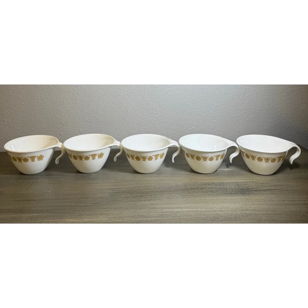 Set of 5 vintage Corelle Butterfly Gold flat cups hook handles by Corning